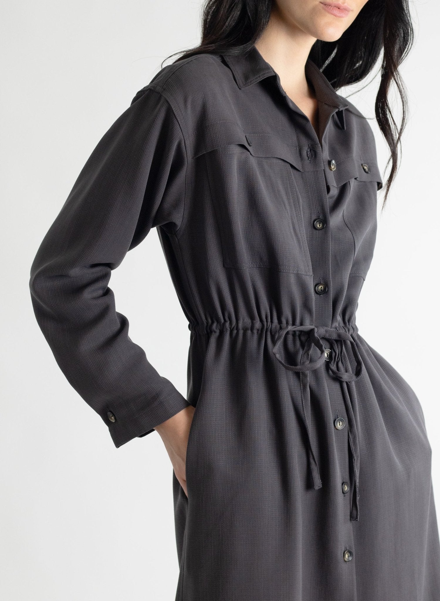 Domingo Drawstring Dress - Graphite - Meg - Made in Canada