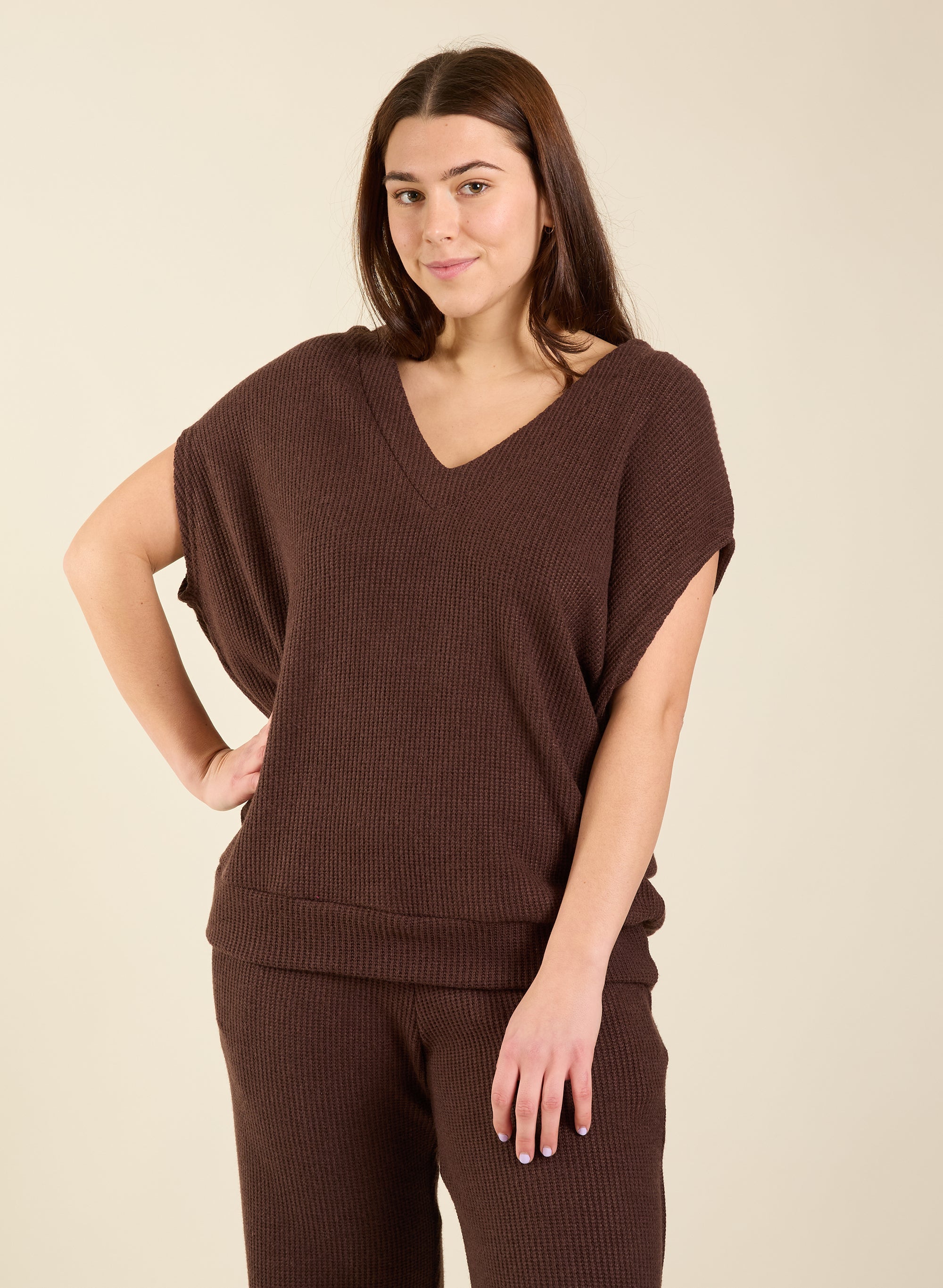 Joan V-Neck Top - Brown - Meg Canada
