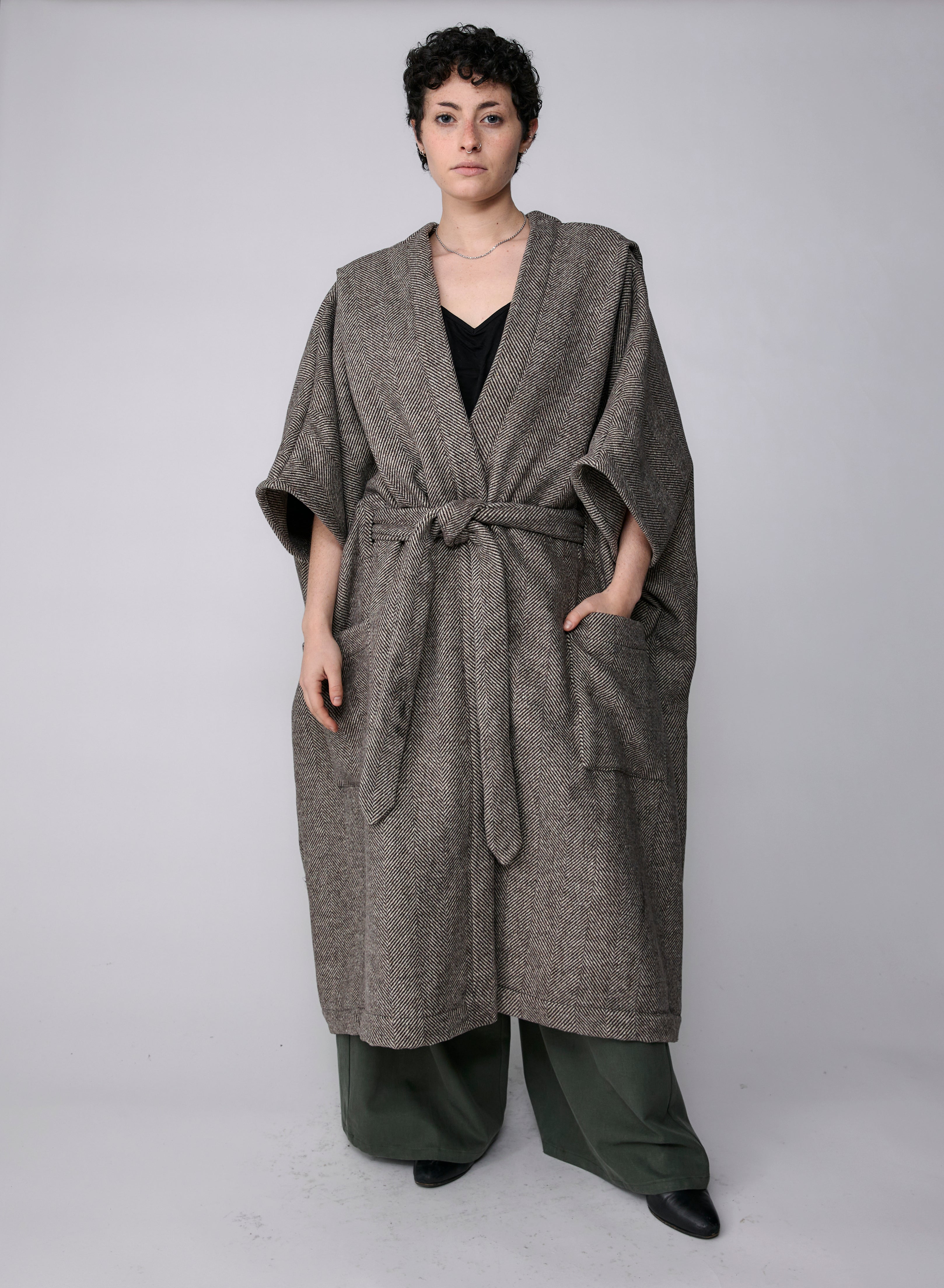 Draped Coat - Ivory Herringbone