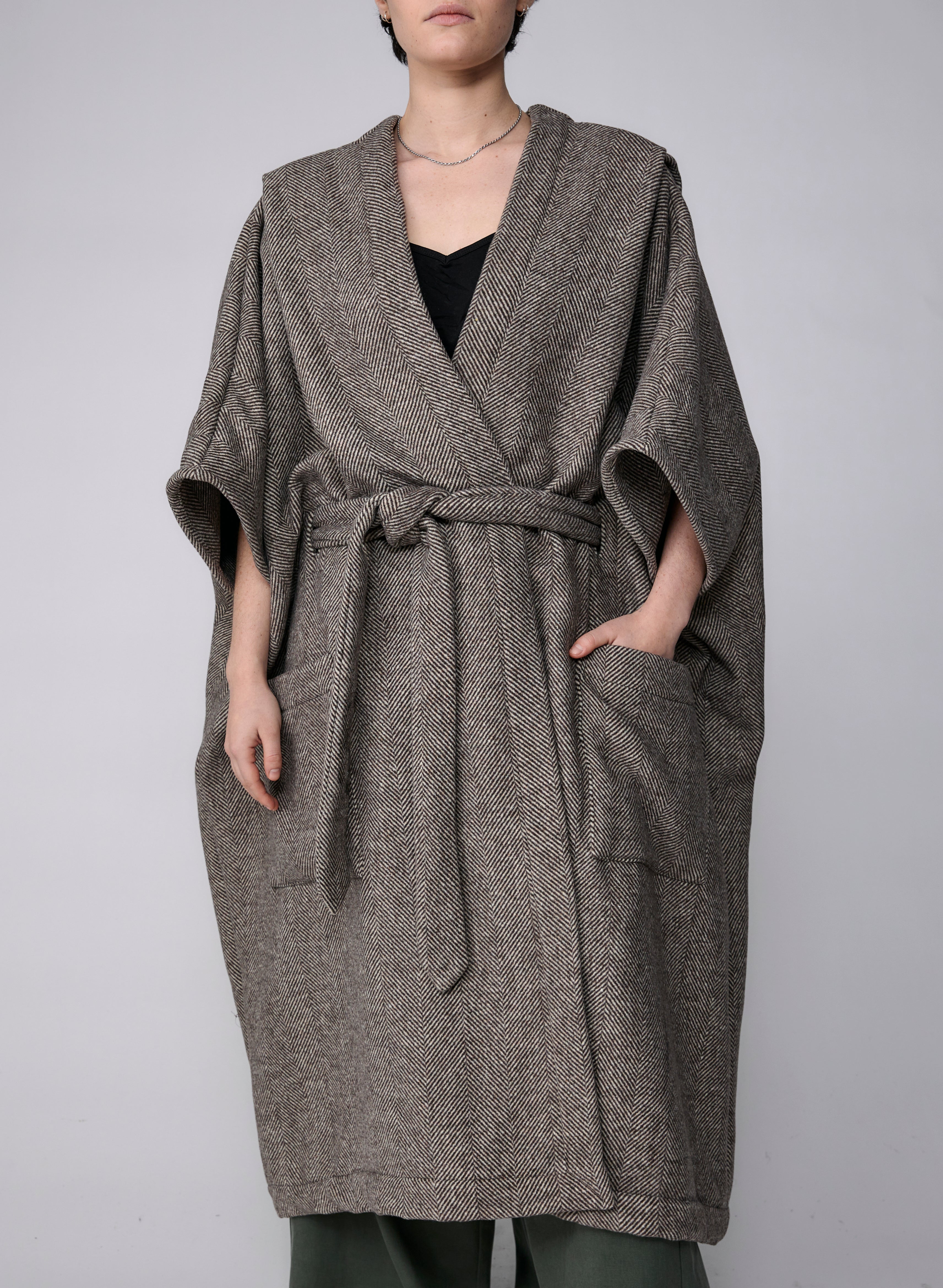 Draped Coat - Ivory Herringbone