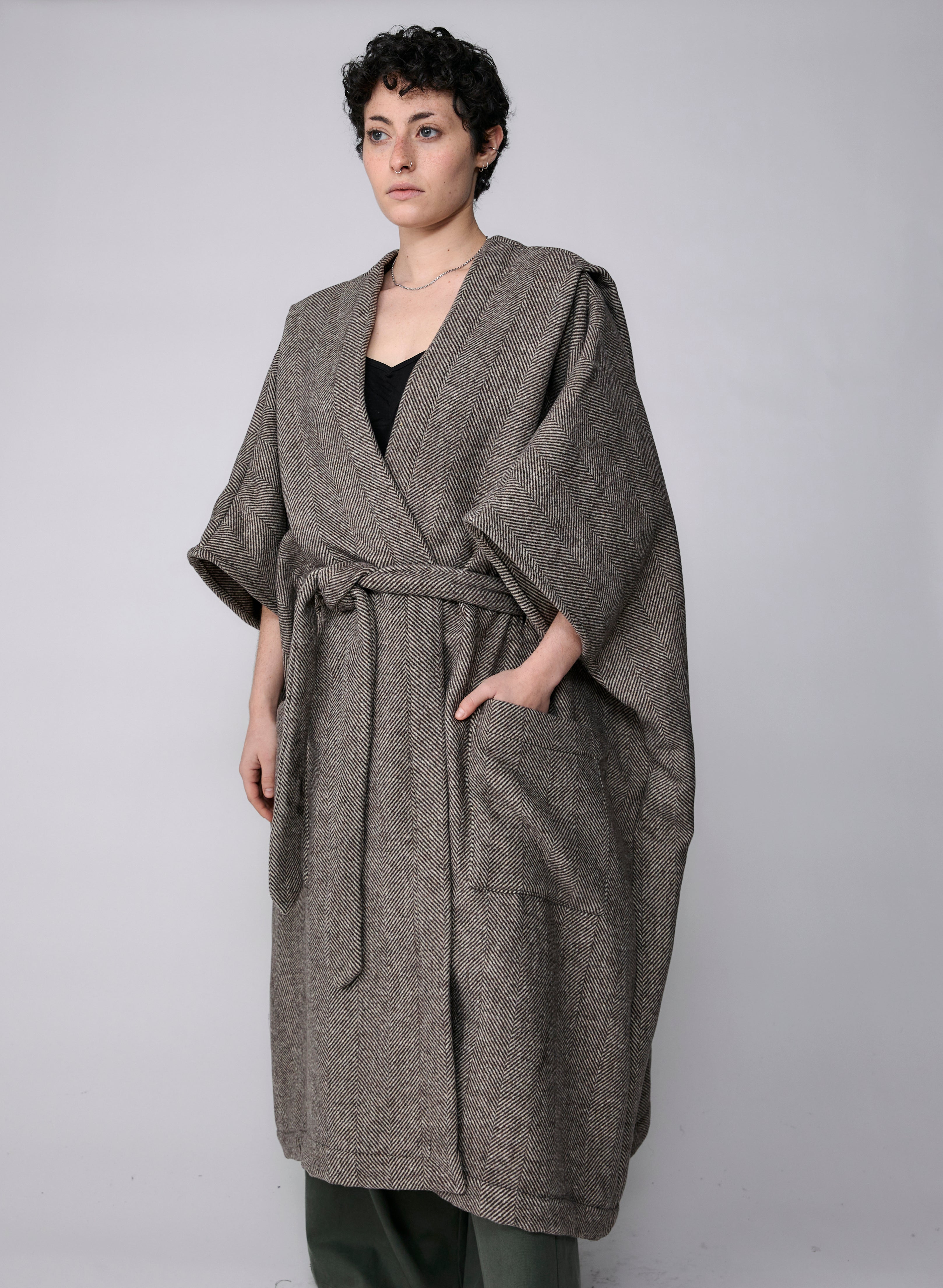 Draped Coat - Ivory Herringbone