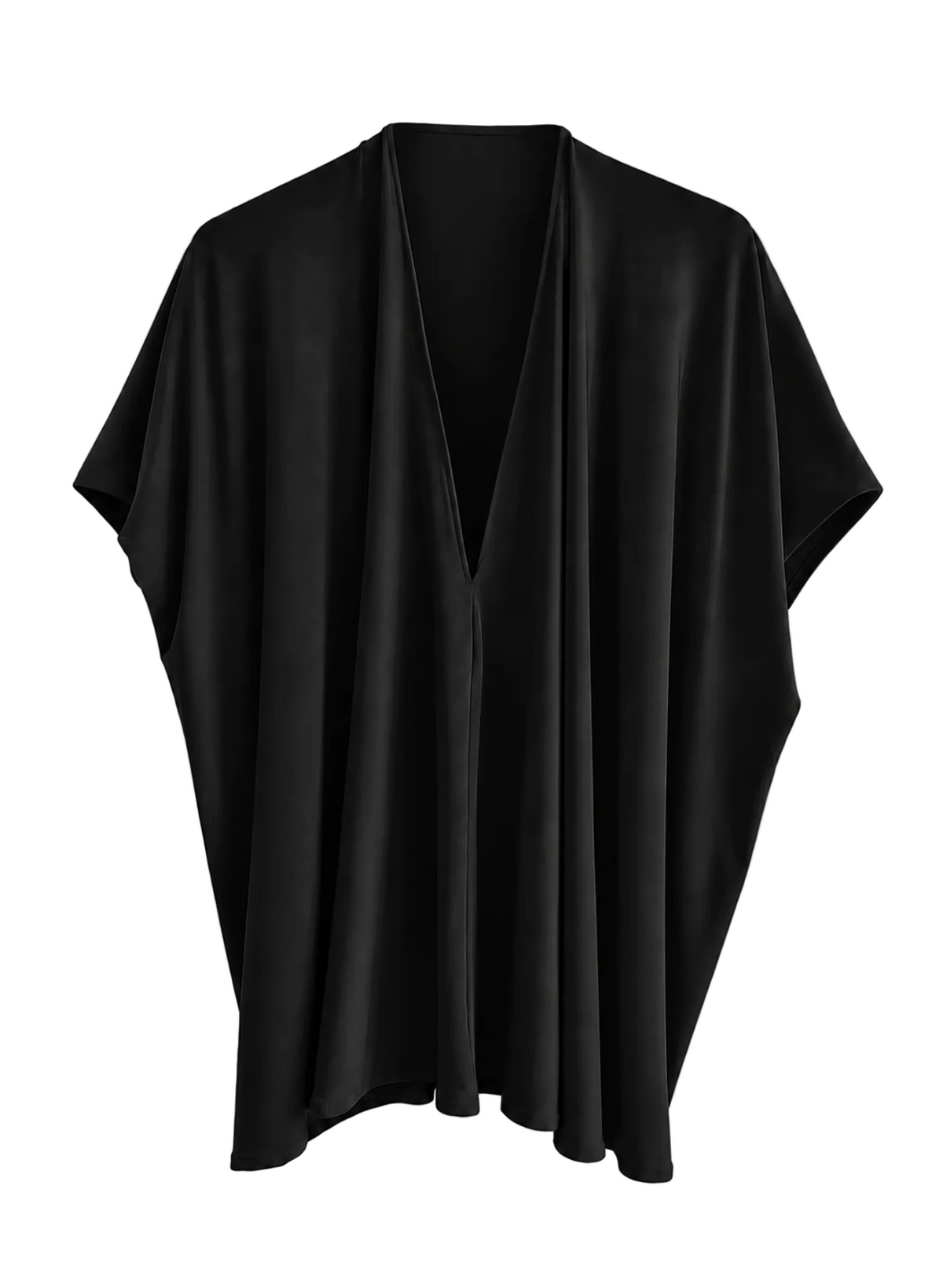 A black draped open-front cardigan or poncho-style top with wide short sleeves, shown on a plain white background.