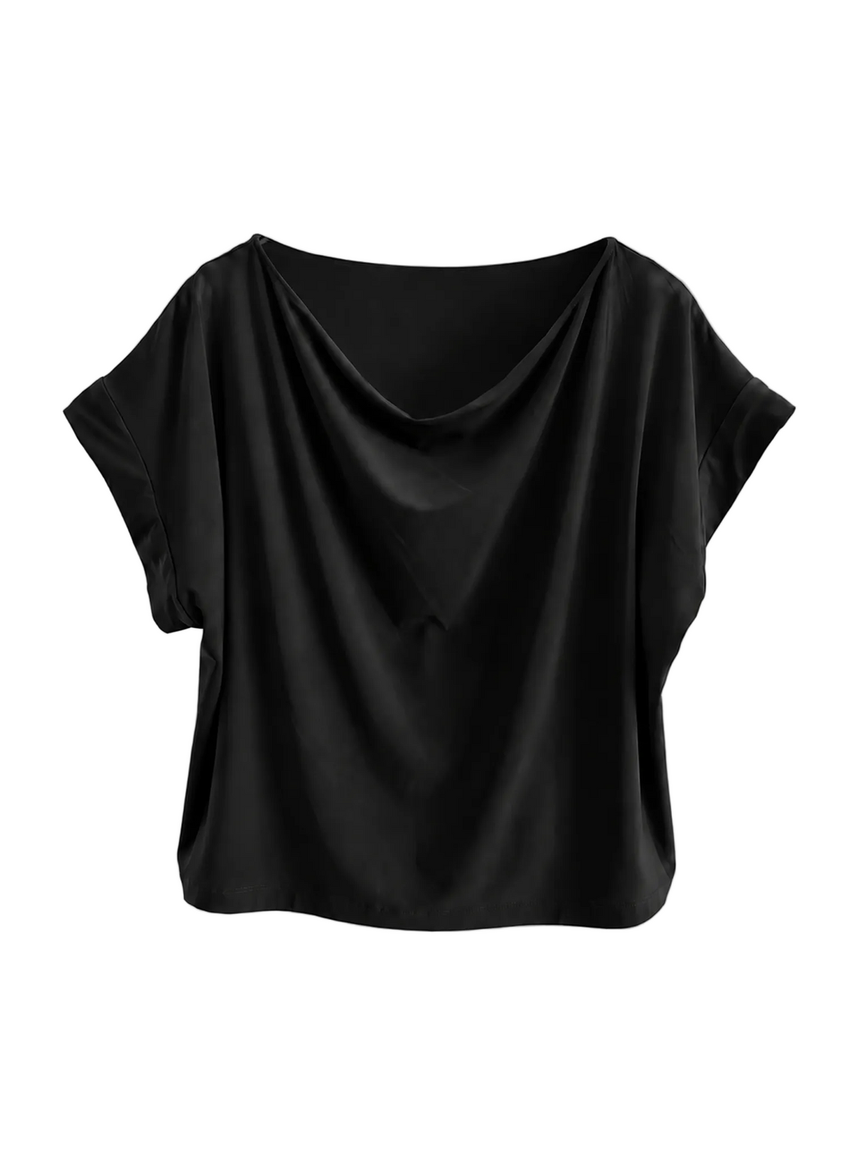 A black draped short-sleeve top with a wide boat neckline, displayed against a light gray textured background.