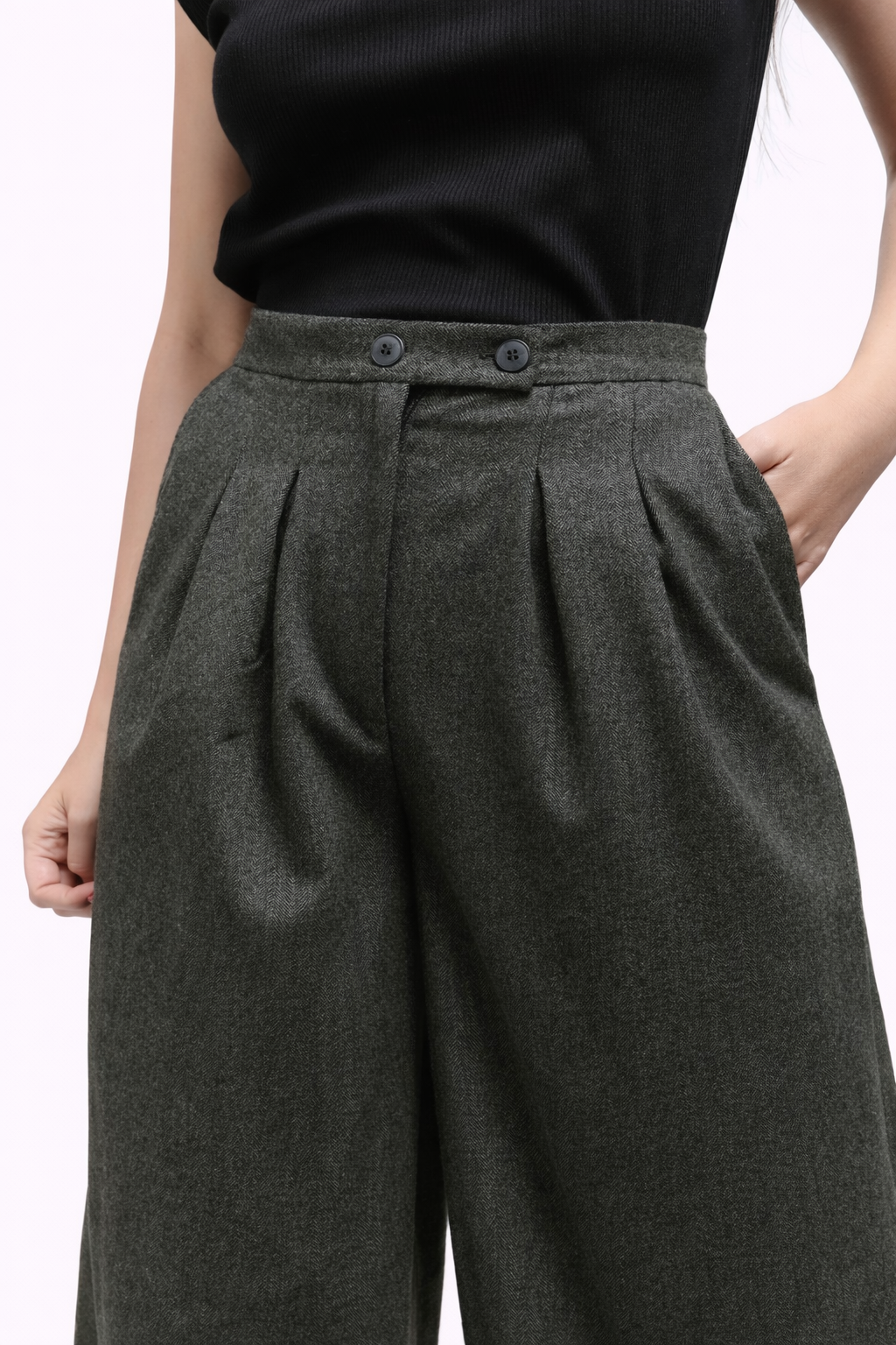 Atlas Slouchy Trouser - Olive Herringbone