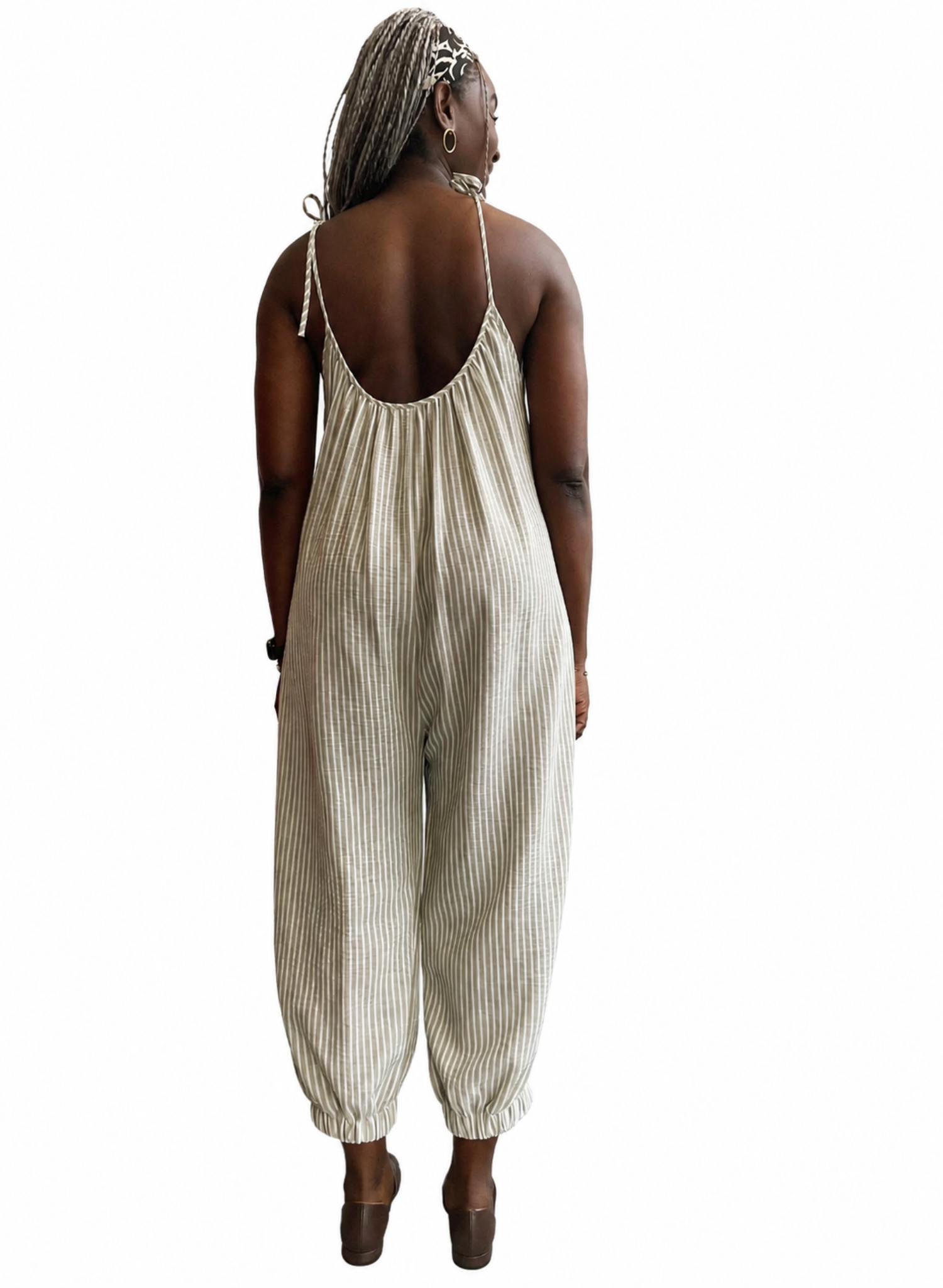 Summer Bloomer Jumpsuit, Sage green seersucker stripe