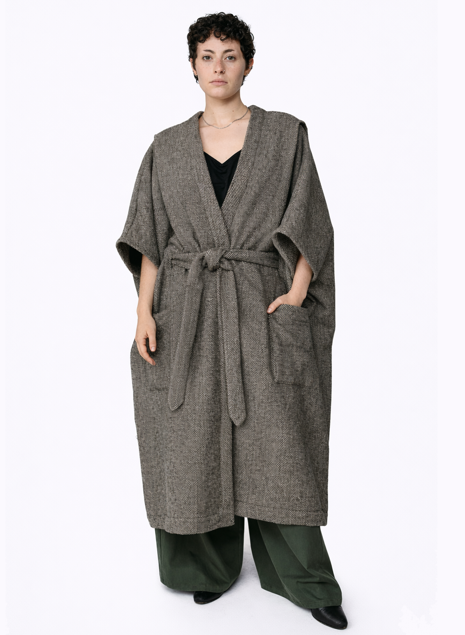 Draped Coat - Ivory Herringbone