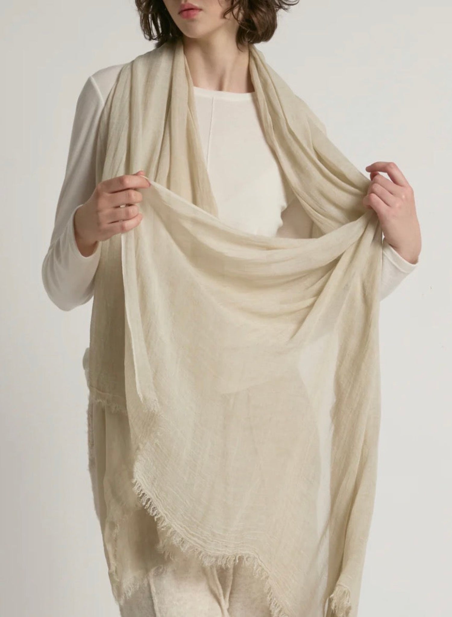 Lightweight wide sheer scarf shawl in oatmeal - light beige - off white