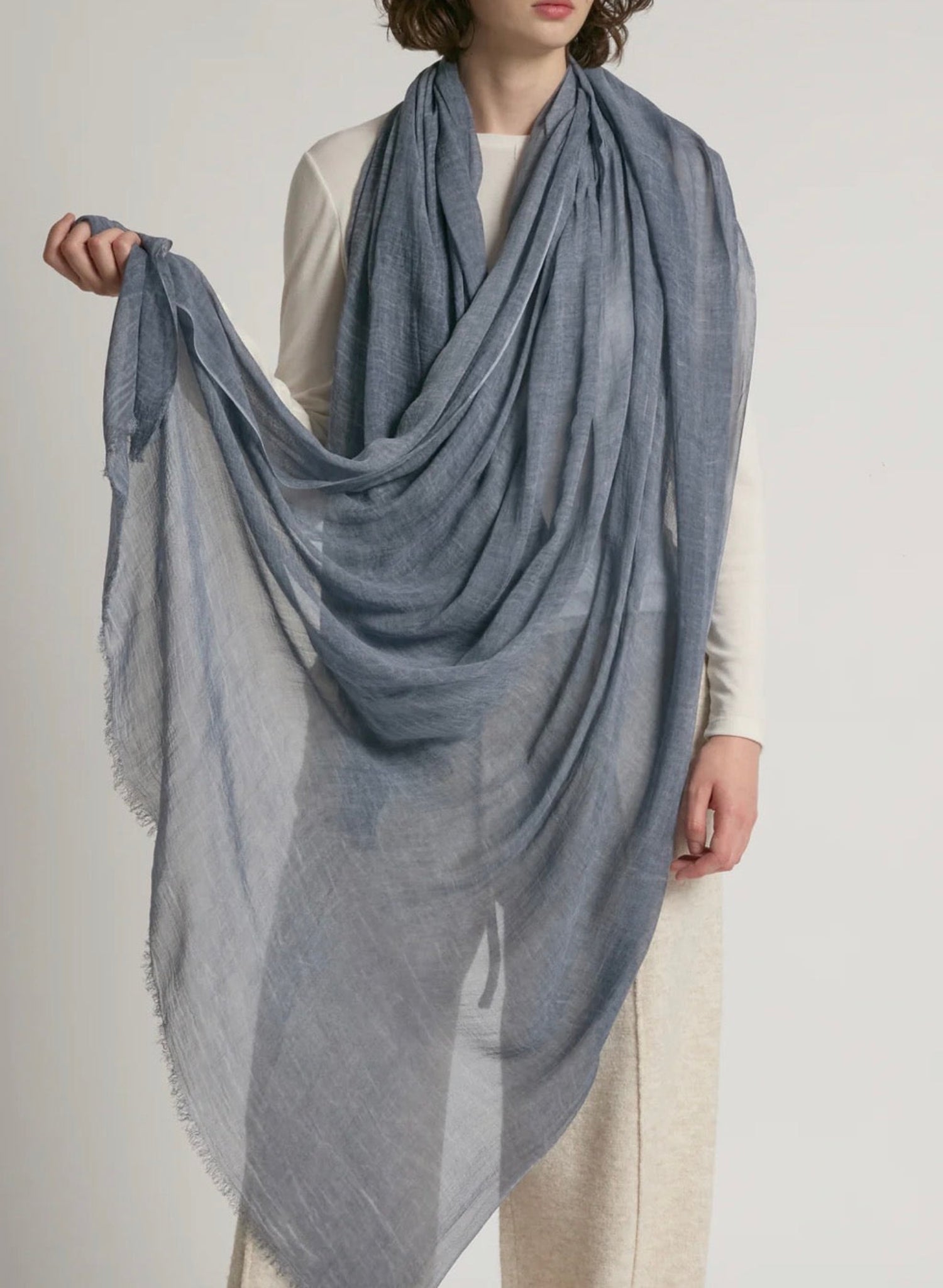 Lightweight wide sheer scarf shawl in blue - bluish grey