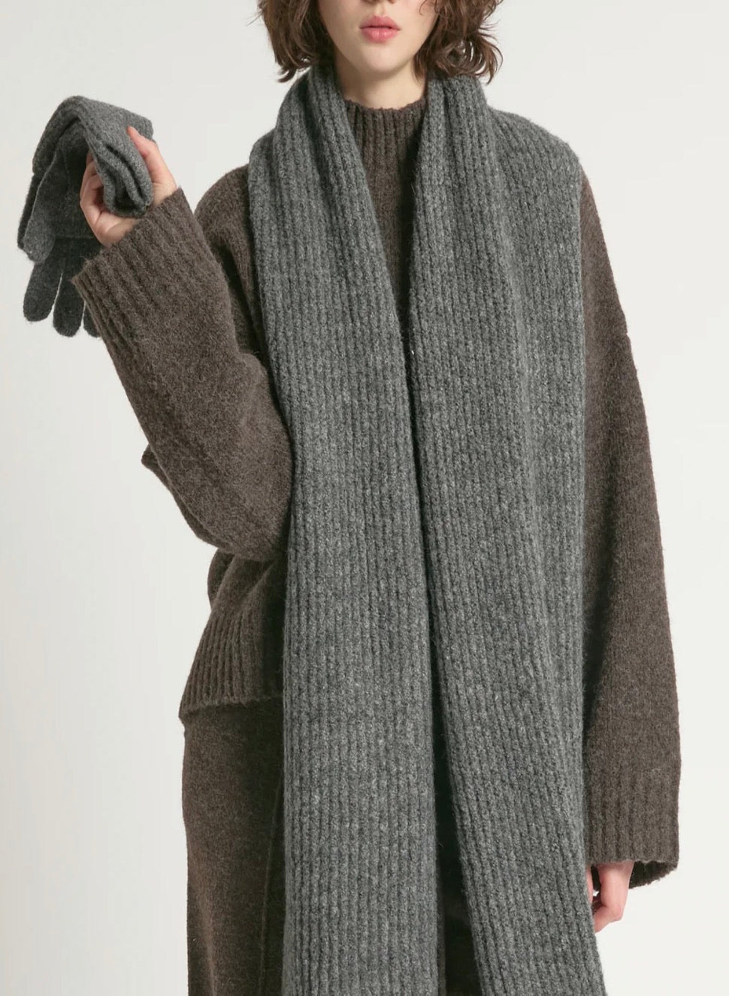 Wool Blend Rib Knit Scarf - Charcoal