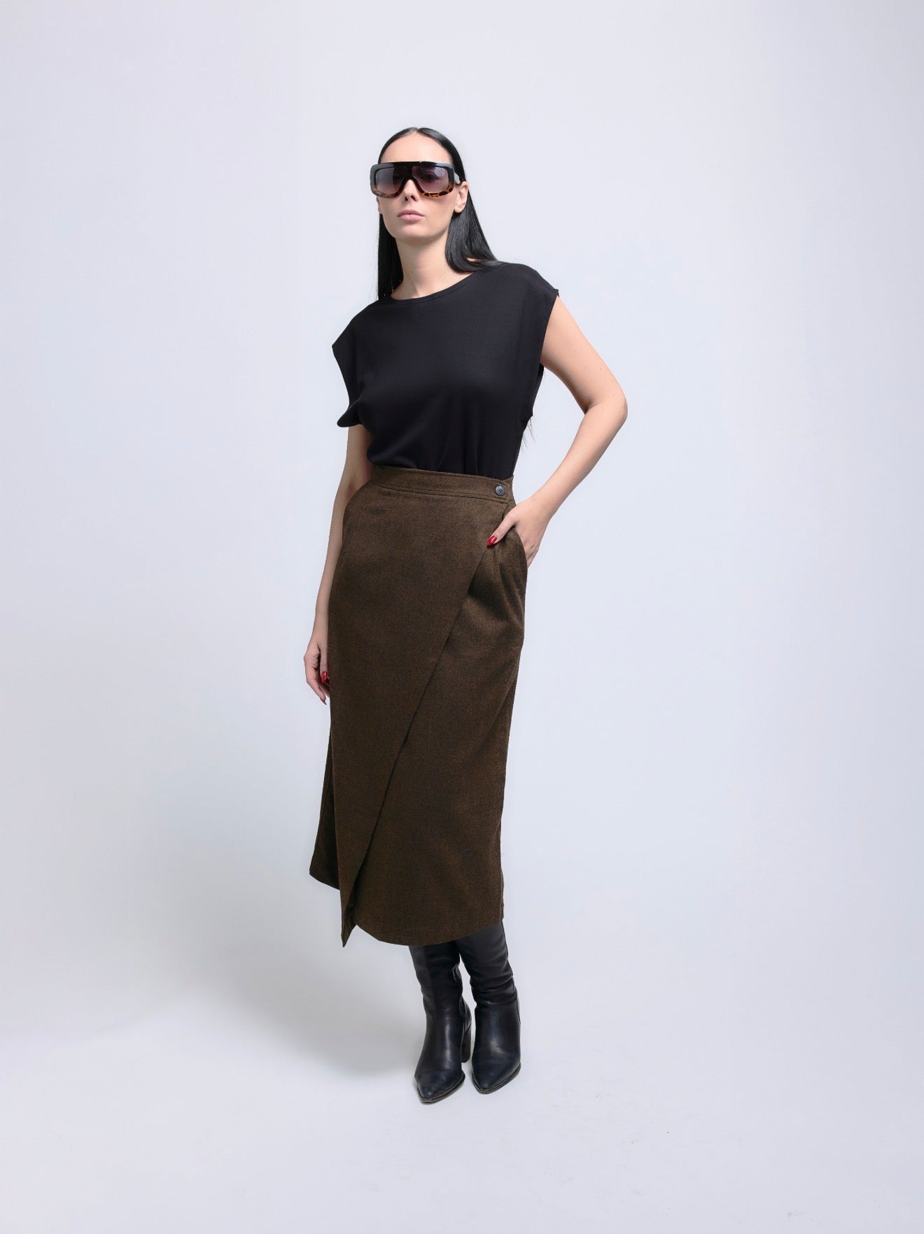 Atlas Wrap Skirt - Brown Herringbone