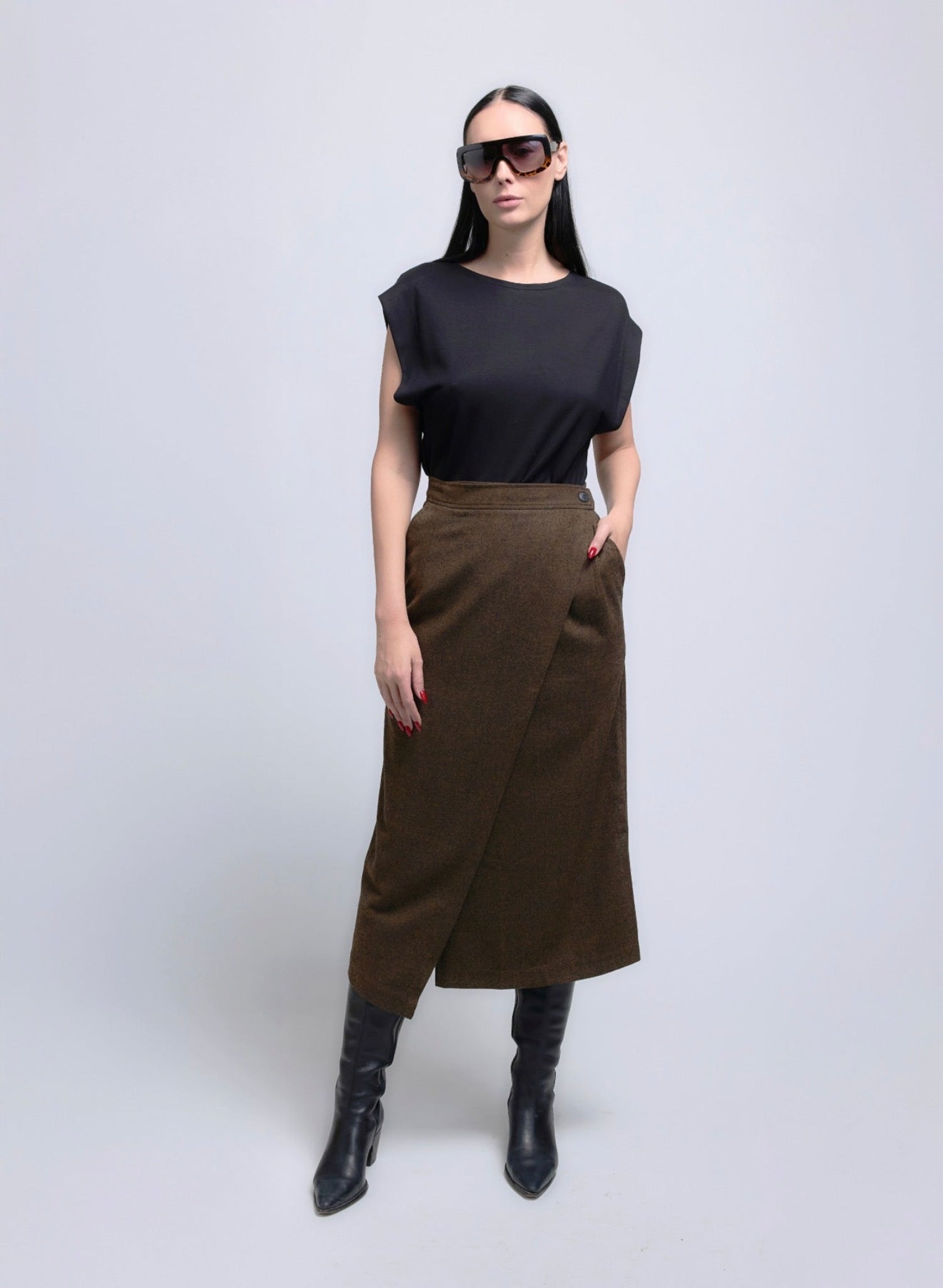 Atlas Wrap Skirt - Brown Herringbone
