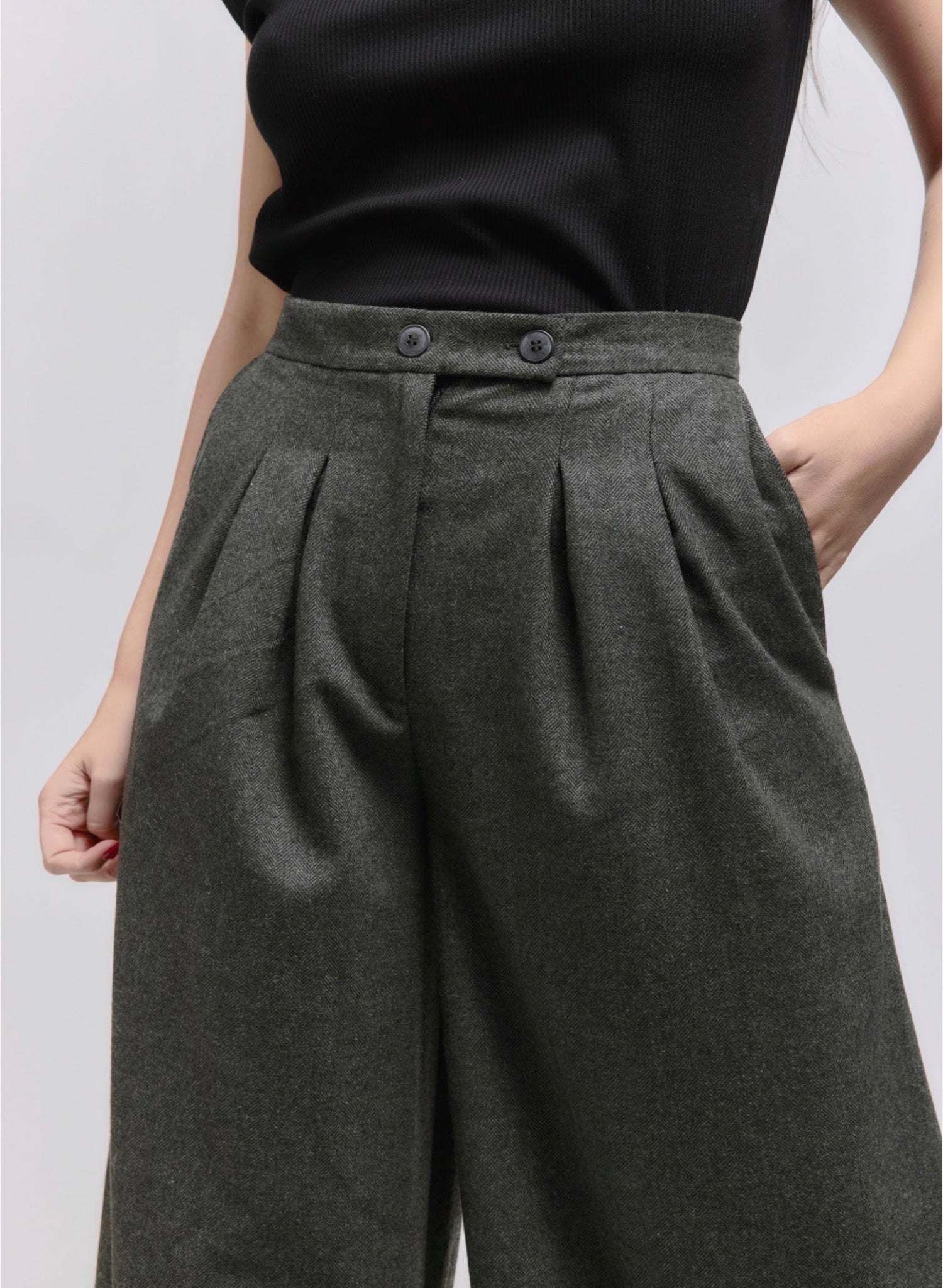 Atlas Slouchy Trouser - Olive Herringbone