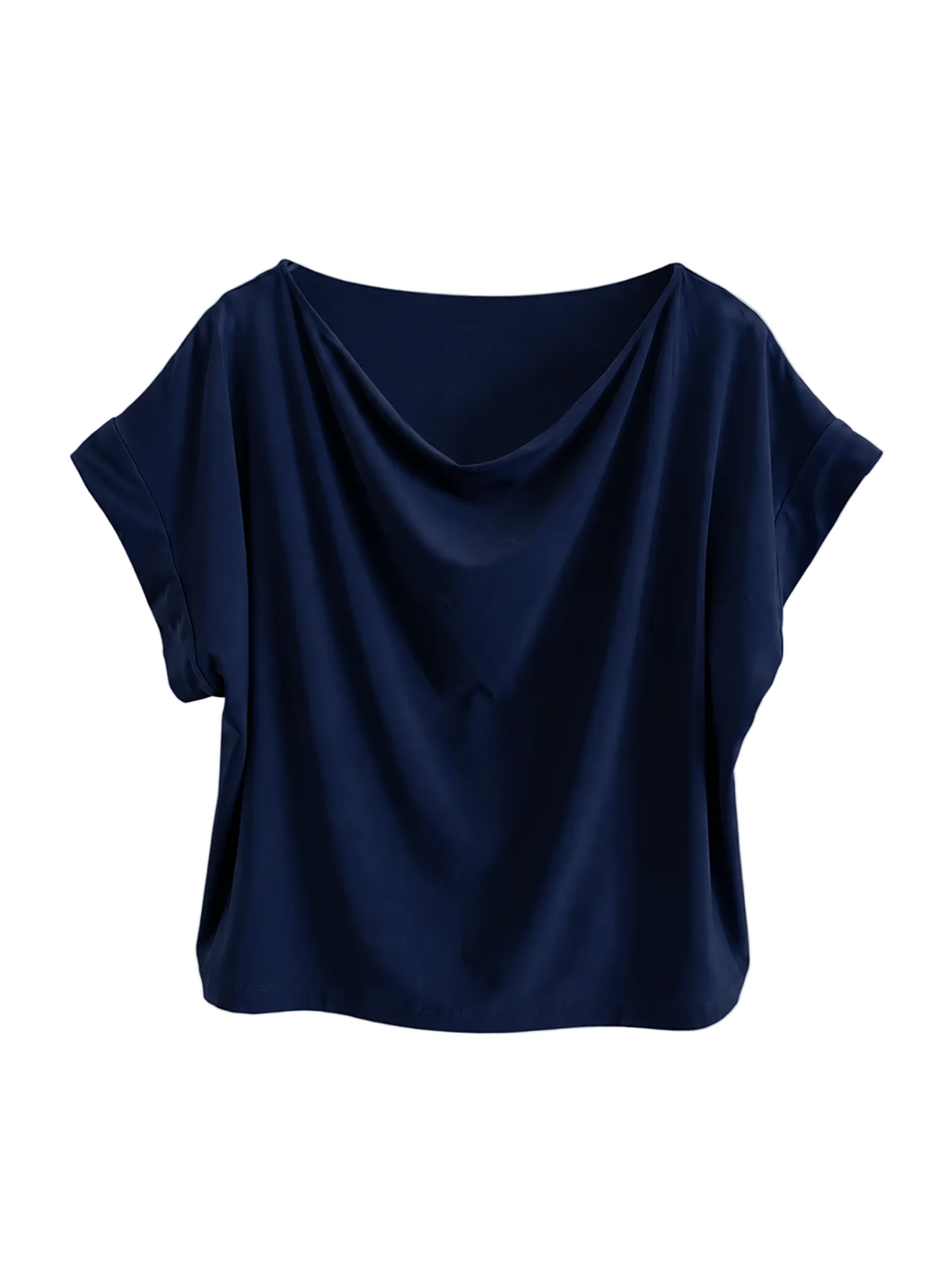 A navy blue draped short-sleeve top with a wide boat neckline, displayed against a light textured gray background.
