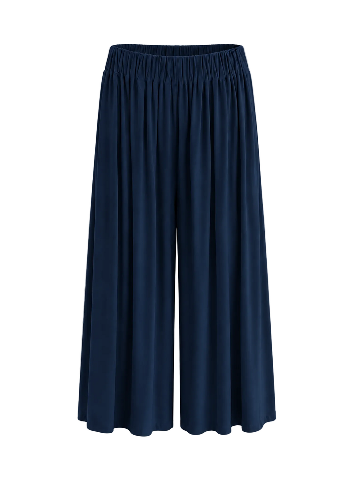 A pair of dark navy blue wide-leg cropped pants with an elastic waistband, shown against a light textured off-white background.