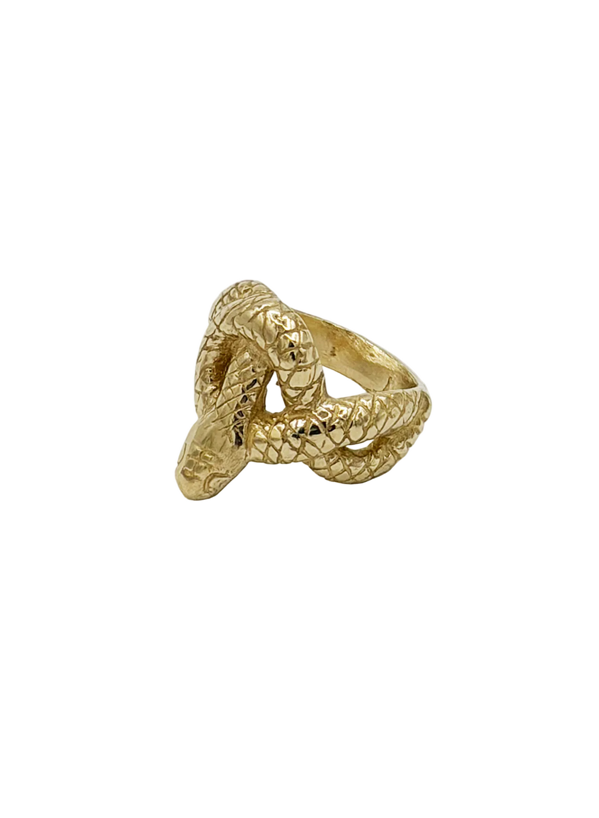 A gold snake ring with a textured, scaled finish, shown on a plain light gray background.