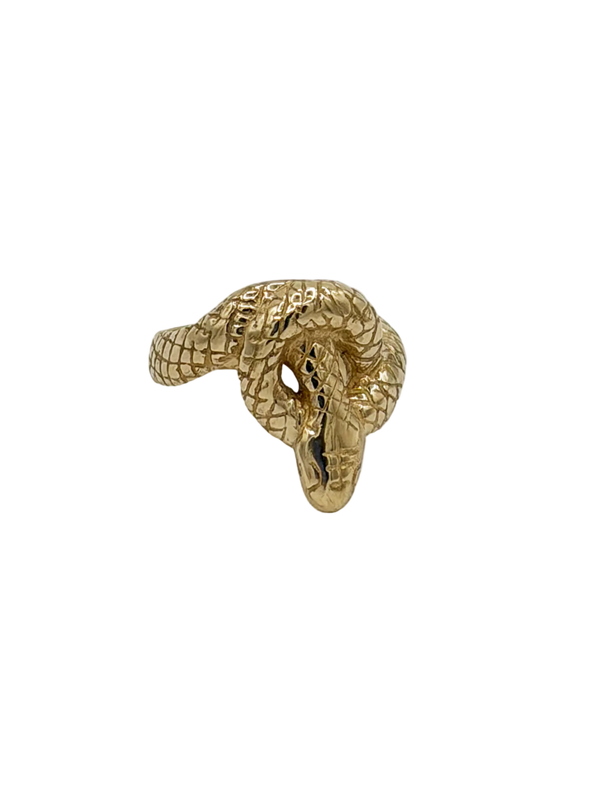 A gold snake ring with a textured, scale-patterned finish, photographed on a plain off-white background.