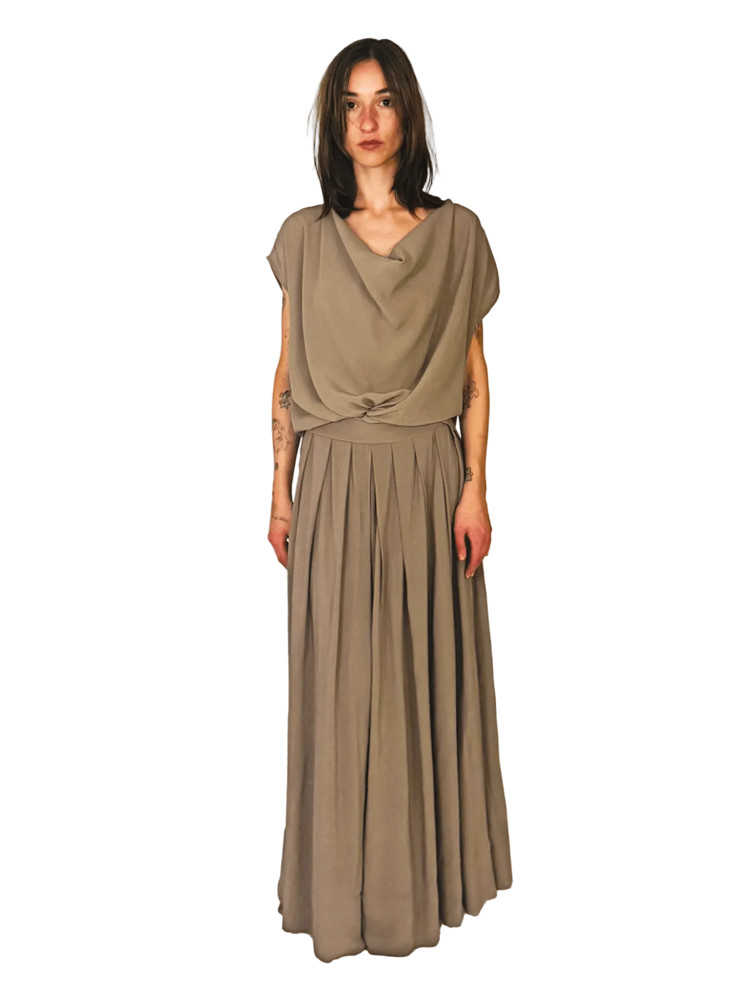 Lightweight drapy cowl neck short sleeve top - beige grey - Meg