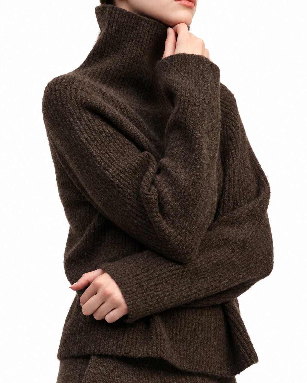 Funnel Neck Ribbed Pullover - Mocha - Meg