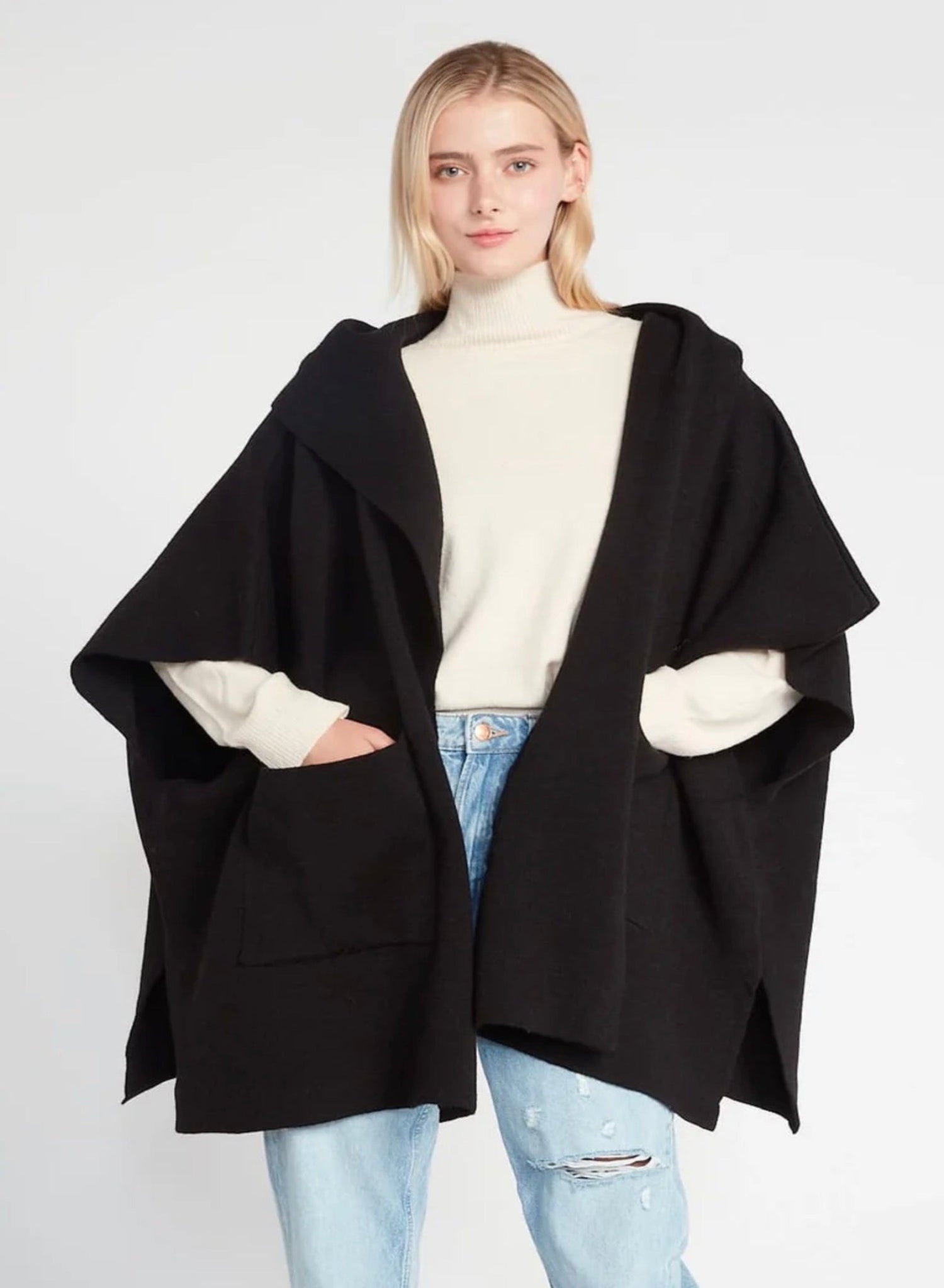 Hooded Cape Poncho - Black - Meg