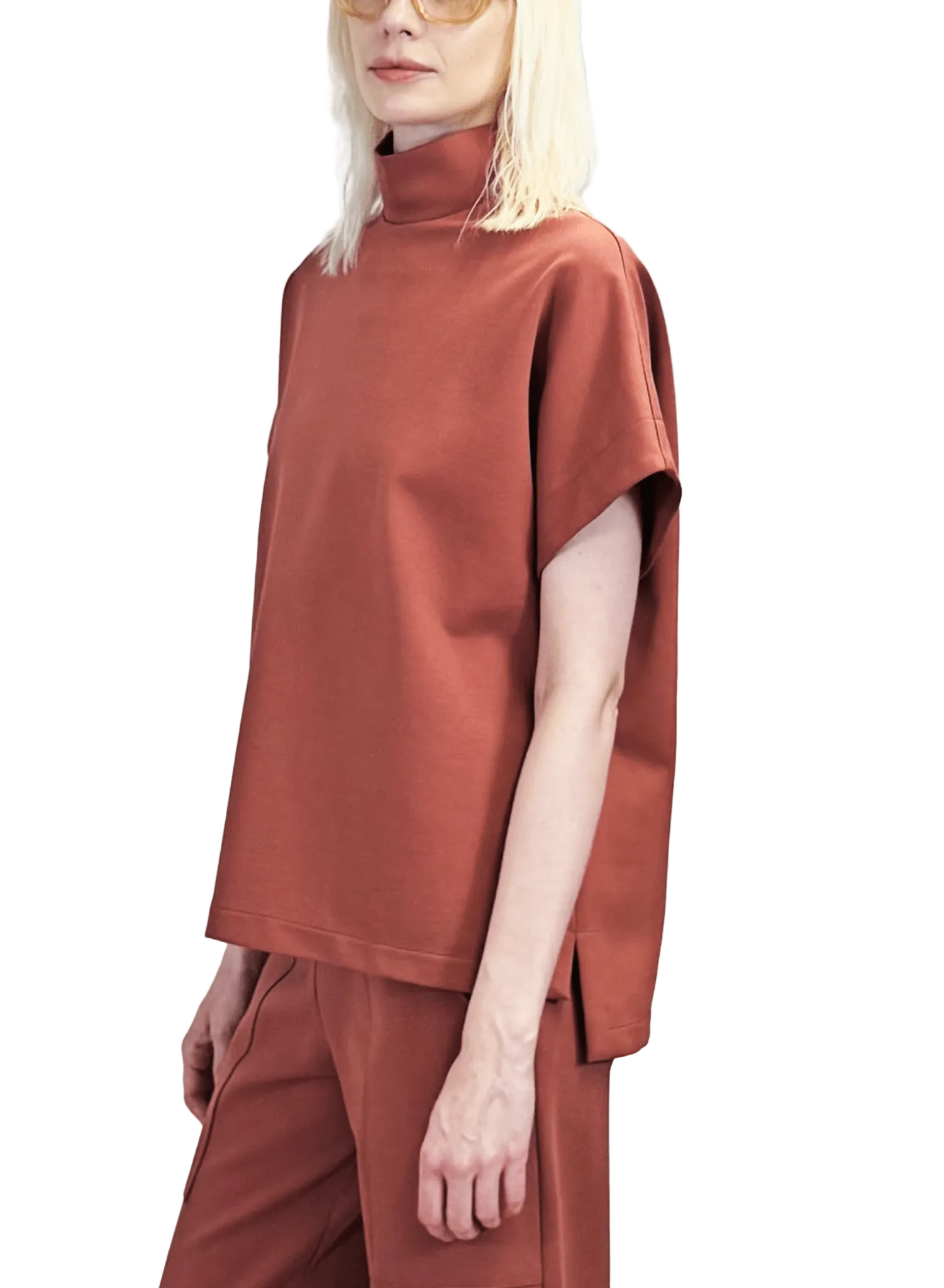 Short sleeve mod mock turtle neck ponte top - dessert rose pink - Meg