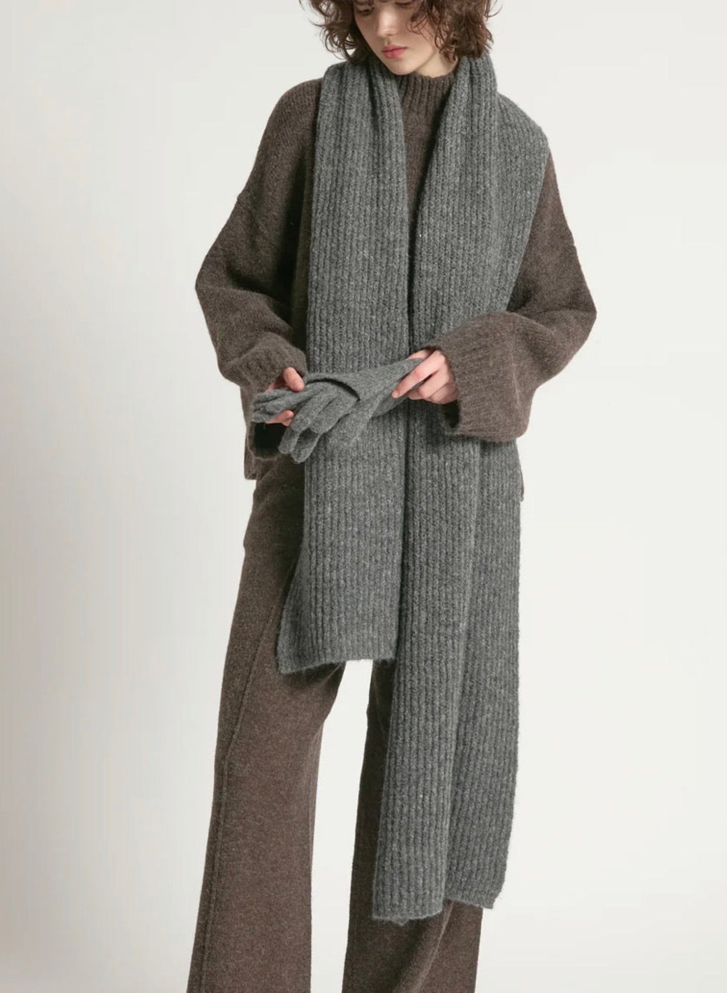 Wool Blend Rib Knit Scarf - Charcoal - Meg